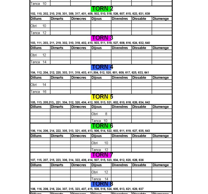Horari regs del 15 de març fins al 11 d’abril.